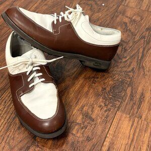 FootJoy Europa Golf Shoes Size 8.5 98903 Metal Spikes White Brown Leather Saddle